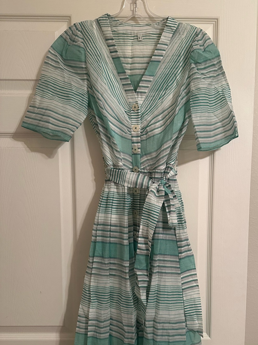 Striped Mint and White Button-Front Midi Dress with Tie Waist